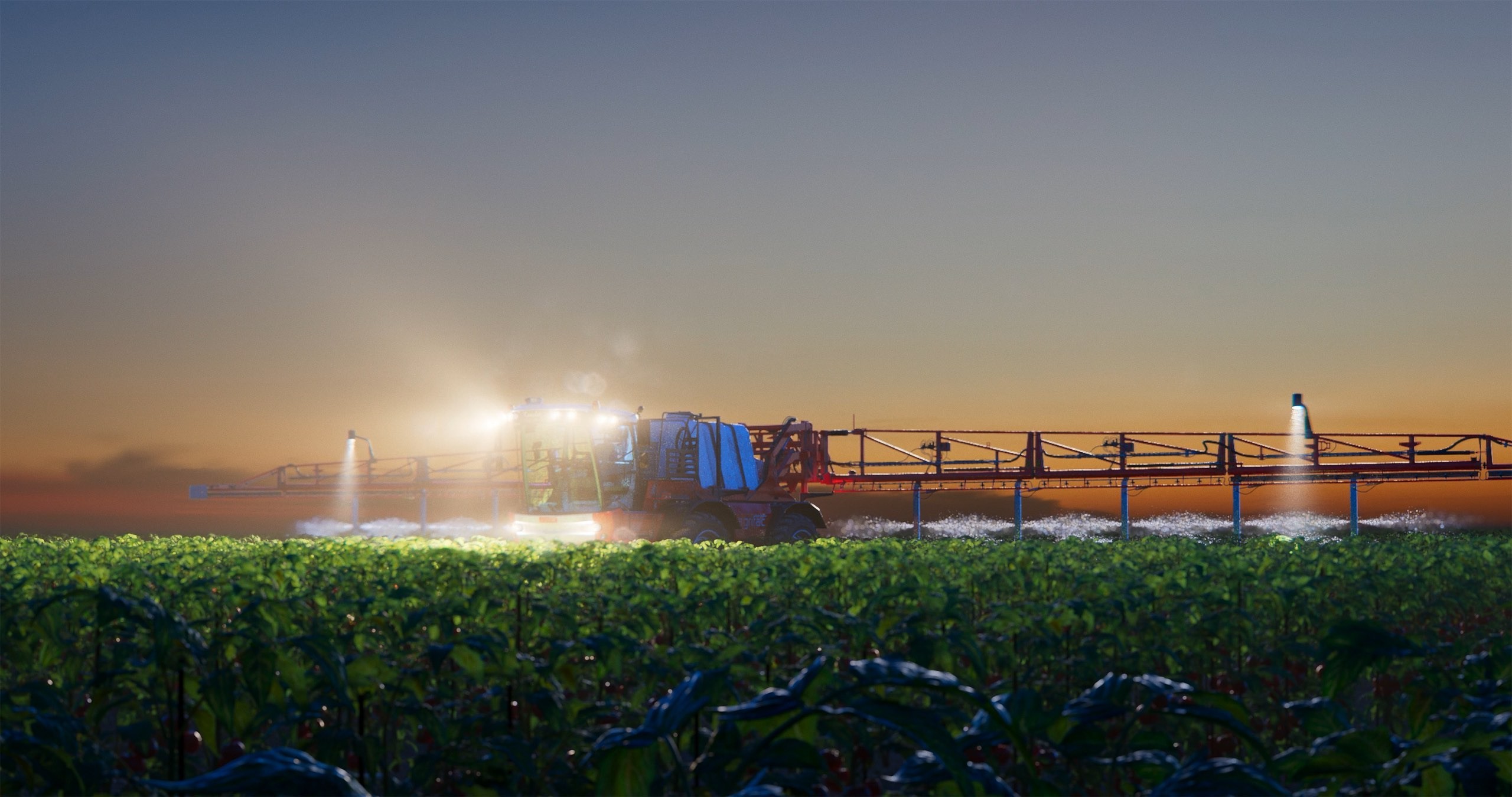 This image shows a 3d animated machine spraying organic plant protection on tomato plants in a field.jpg